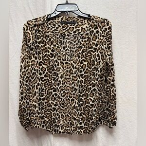 Zara Leopard Print V-Neck Blouse - Tan/Black/Cream